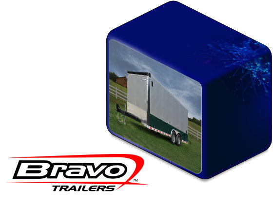Logo Bravo Trailers à côté d'une photo de produit de remorque