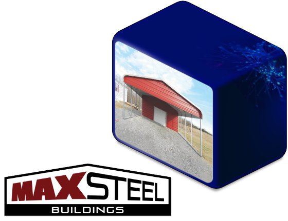 Le logo de MaxSteel Buildings à côté d'un de leurs carports