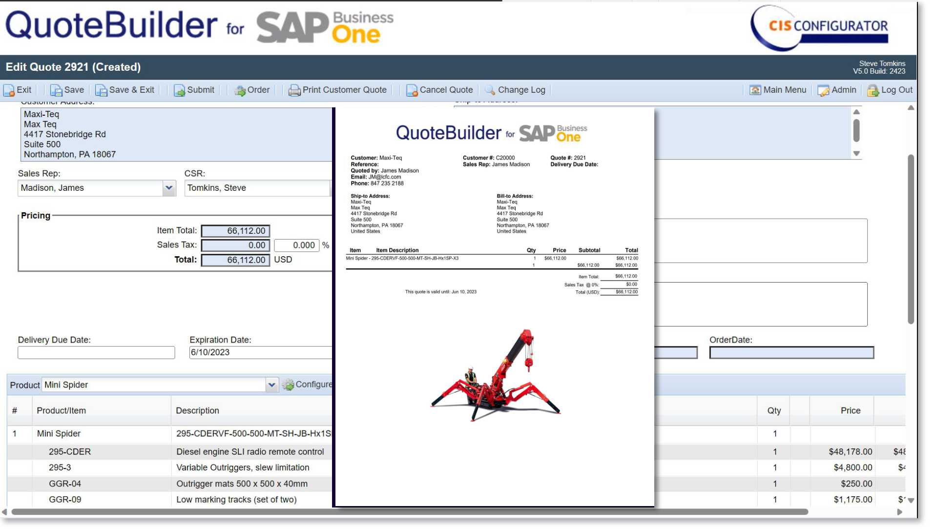 Capture d'écran de CIS QuoteBuilder dans SAP Business One